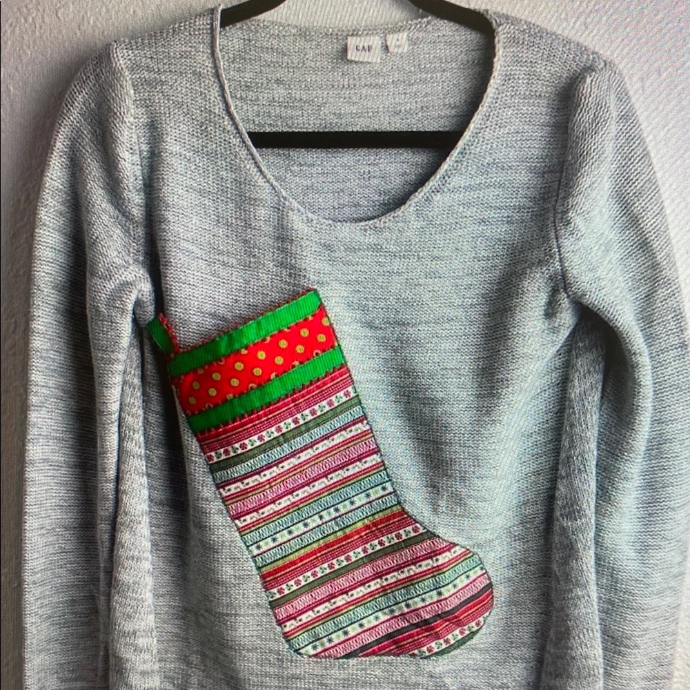 GAP Light Gray Scoop Neck Sweater with Red & Green Holiday Stocking Applique